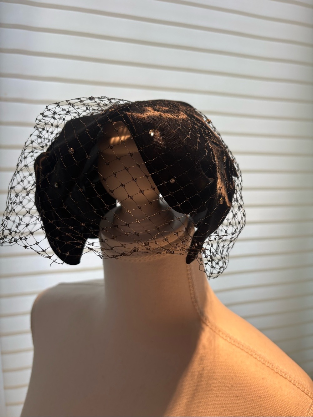 Vintage black satin fascinator with rhinestones